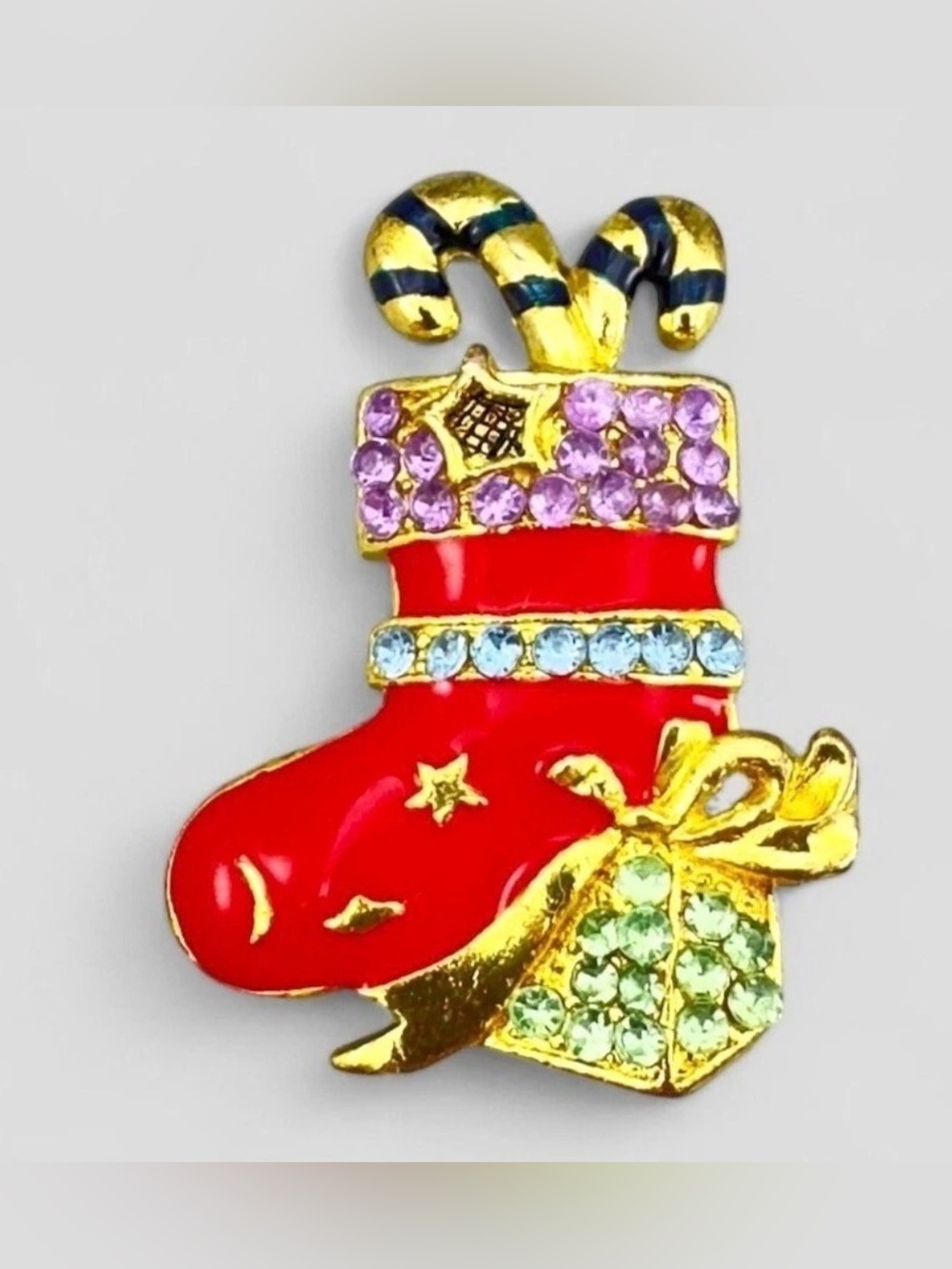 Vintage Christmas Stocking Rhinestone Brooch Pin Red Gold Enamel Holiday Jewelry